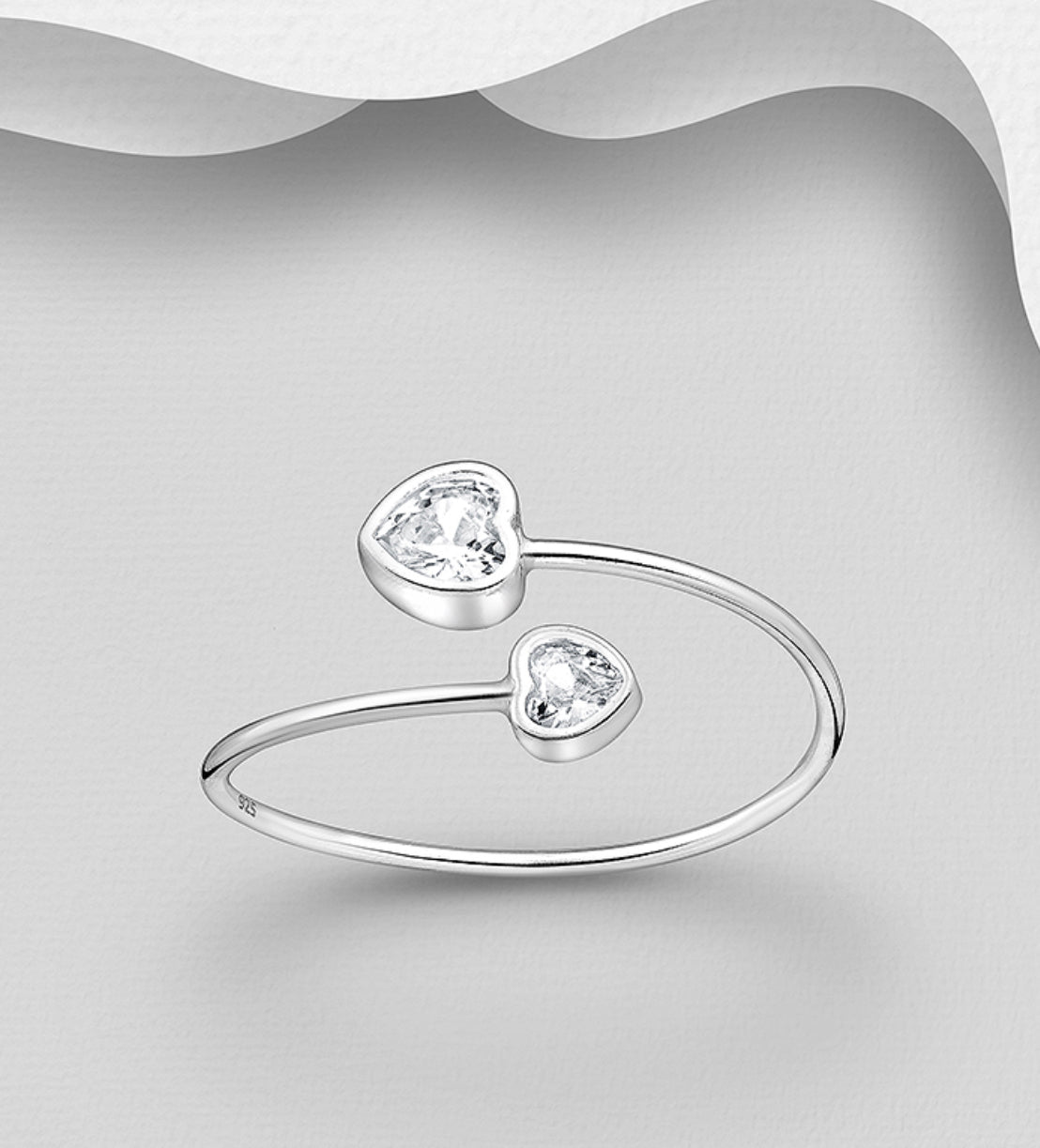 Sterling Silver Adjustable Heart Ring, Decorated with CZ Simulated Diamonds