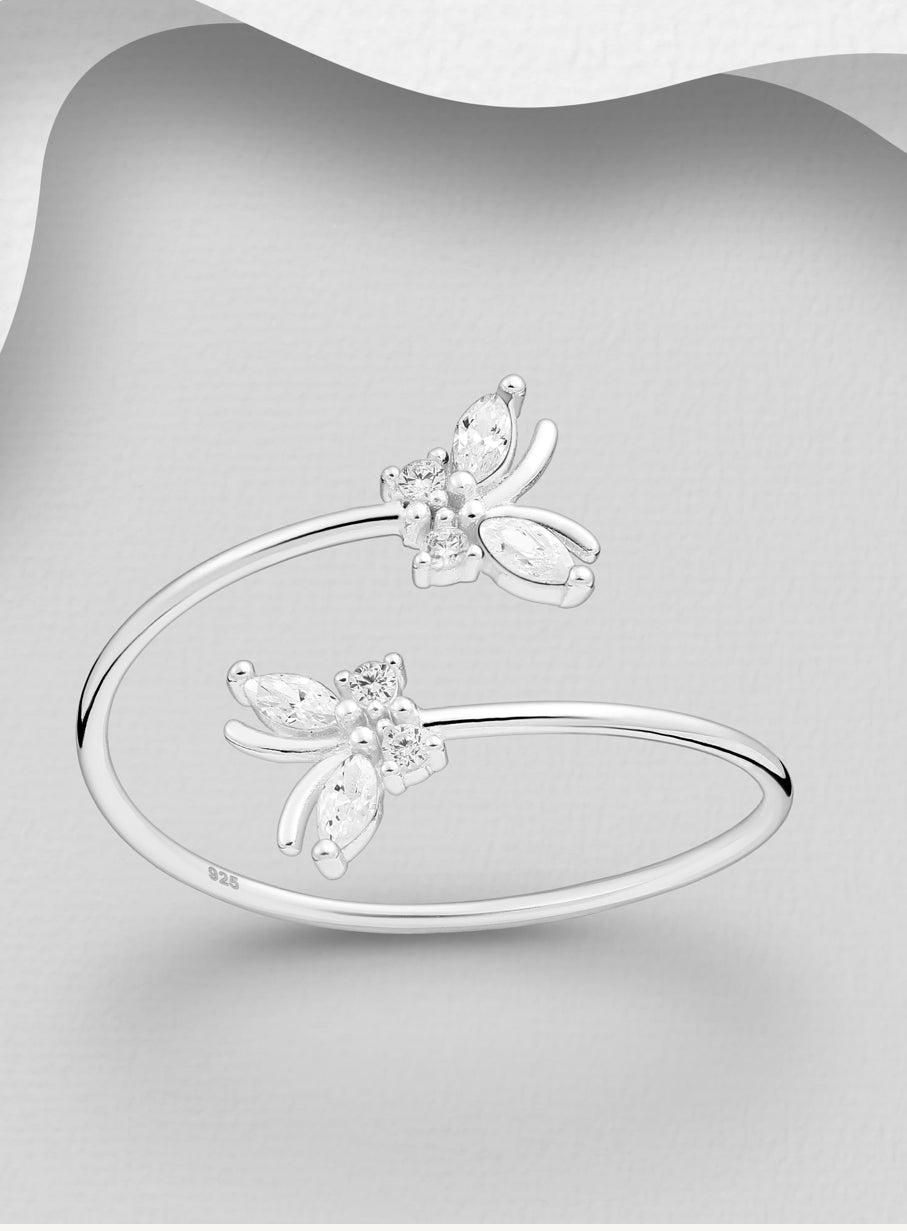 Sterling Silver Adjustable Butterfly Ring, Decorated with CZ Simulated Diamonds