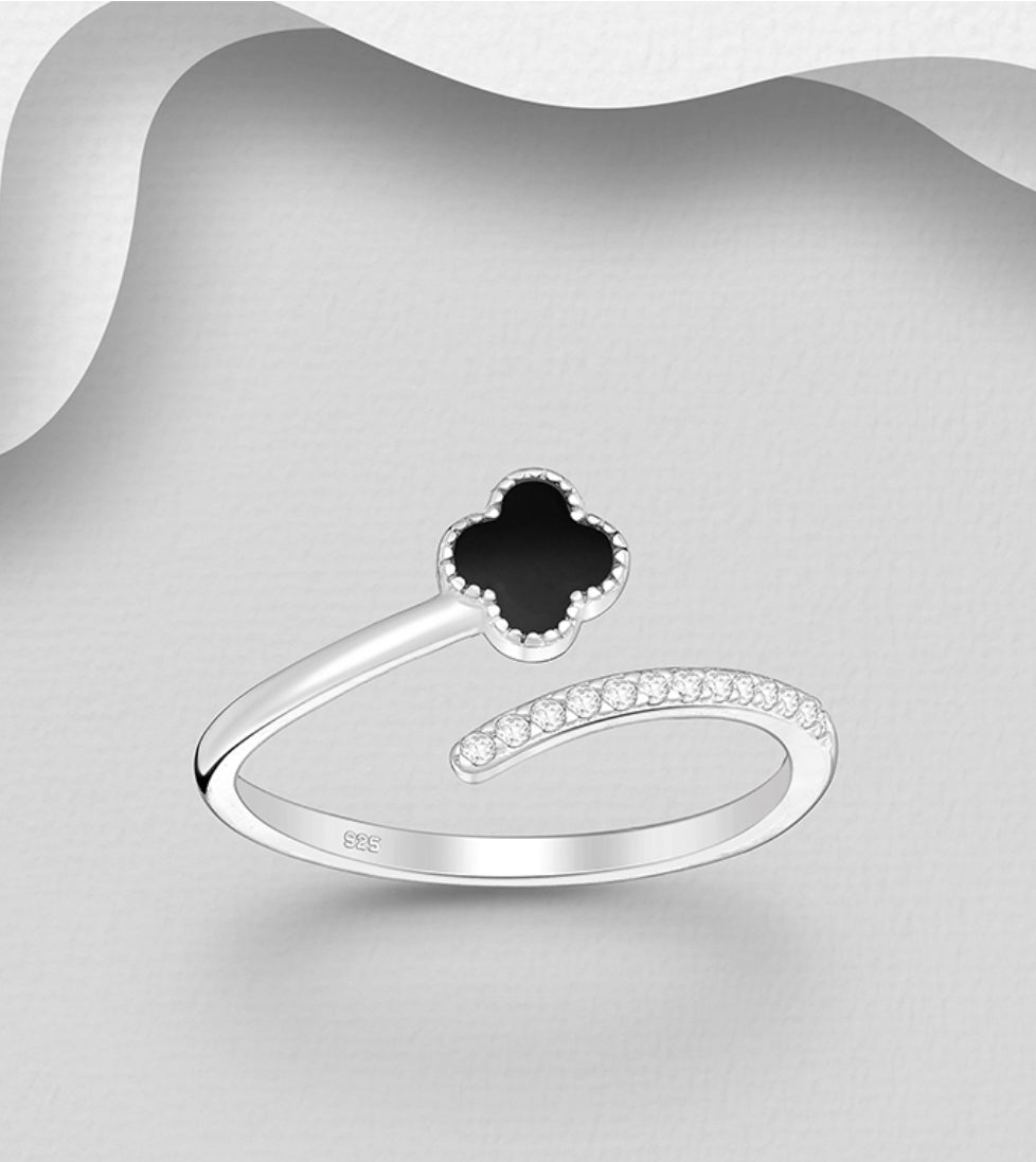 Sterling Silver Clover Adjustable Ring, Decorated with Resin and CZ Simulated Diamonds