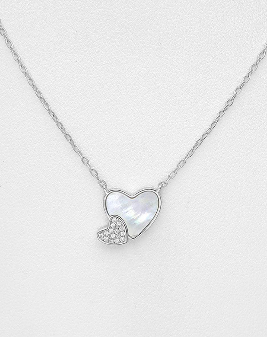 Sterling Silver Heart Necklace, Decorated with mother-of-pearl and CZ Simulated Diamonds