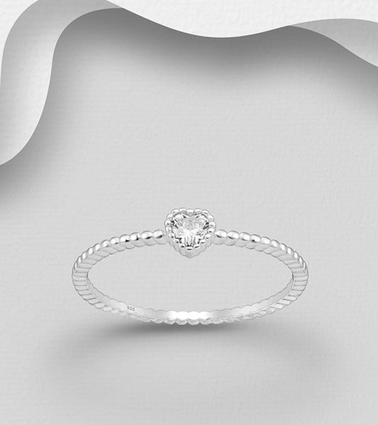 Sterling Silver Heart Ring, Decorated with CZ Simulated Diamond