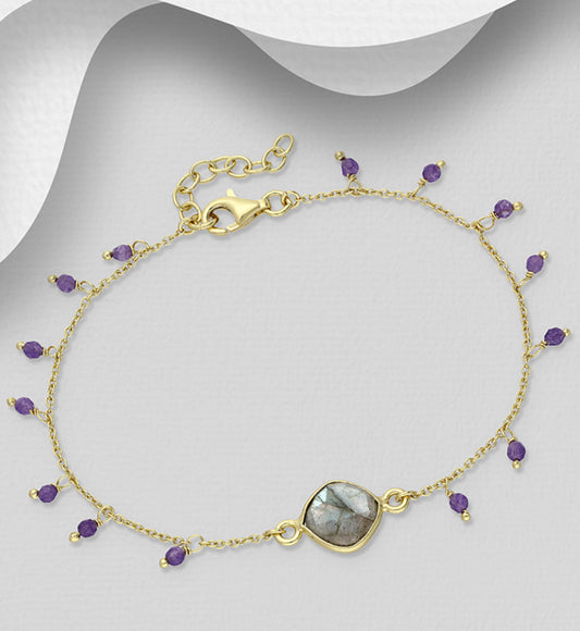 9k Gold-Plated, Sterling Silver Bracelet decorated with Amethyst stones and a choice of either Labradorite or Amazonite