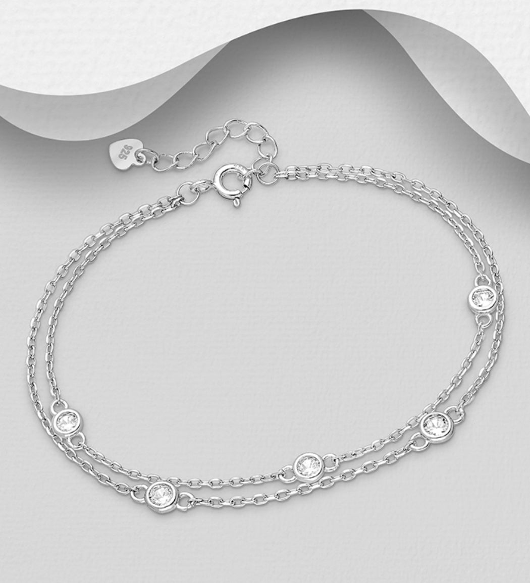 Sterling Silver Layered Bracelet, decorated with CZ Simulated Diamonds