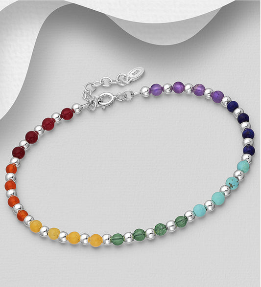 Sterling Silver Chakra Bracelet, beaded with Amethyst, Carnelian, Lapis Lazuli, Green Aventurine, Reconstructed Sky Blue Turquoise , Dyed Yellow Jade and Lab-Created Ruby, Bead Colors may Vary.