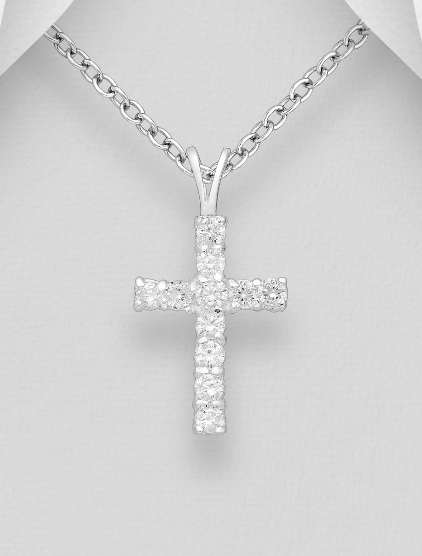 Sterling Silver Cross Pendant, decorated with CZ Simulated Diamonds