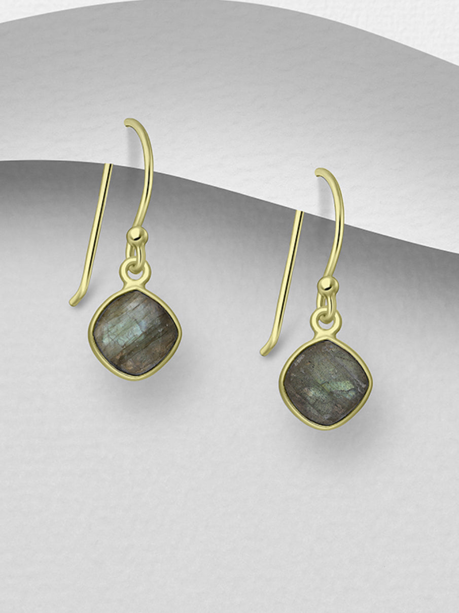 9K Yellow Gold Plated Sterling Silver Hook Earrings, Decorated with Labradorite