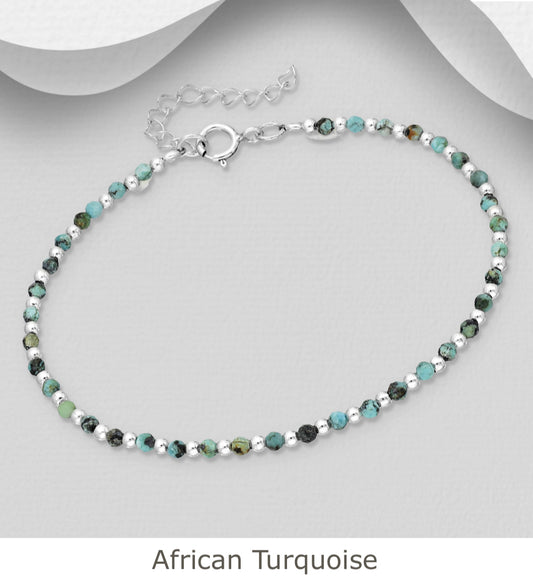 Sterling Silver Bracelet, beaded with Various Gemstone Beads