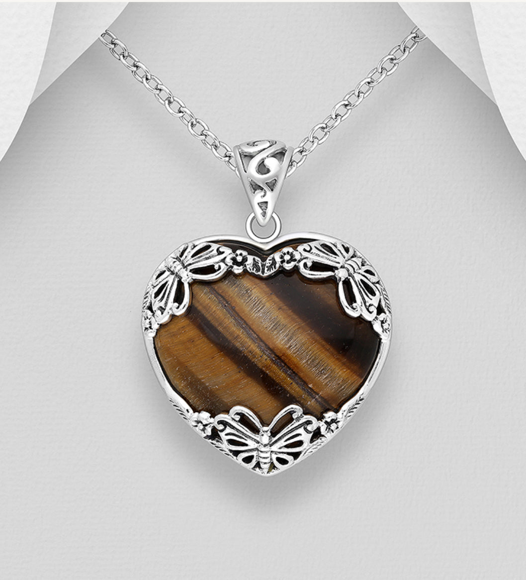 Sterling Silver Butterfly and Heart Pendant, decorated with Tiger's Eye