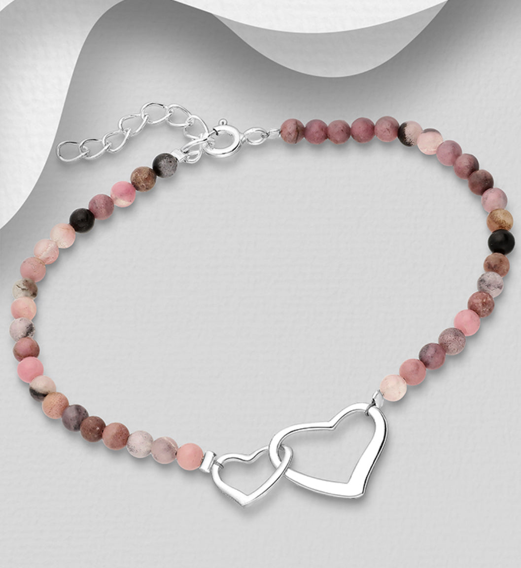 Sterling Silver Heart Bracelet, Beaded with Rhodonite