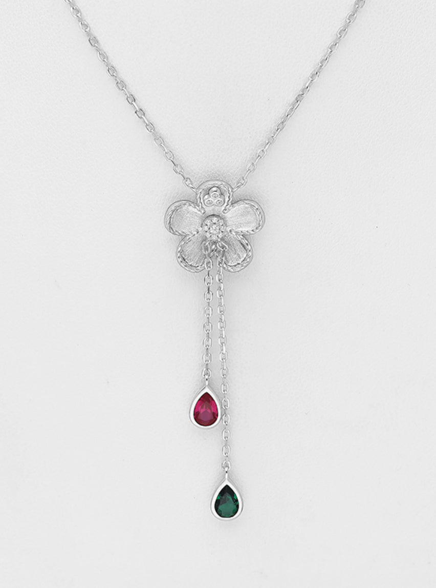 Sterling Silver Flower Necklace, Decorated with CZ Simulated Diamonds