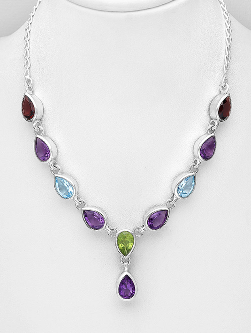 Sterling Silver Necklace, decorated with Amethyst, Garnet, Peridot, Sky Blue Topaz