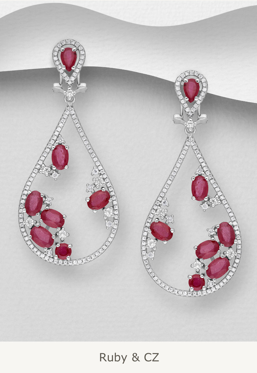 Sterling Silver Omega Lock Earrings, decorated with Gemstone and CZ Simulated Diamonds