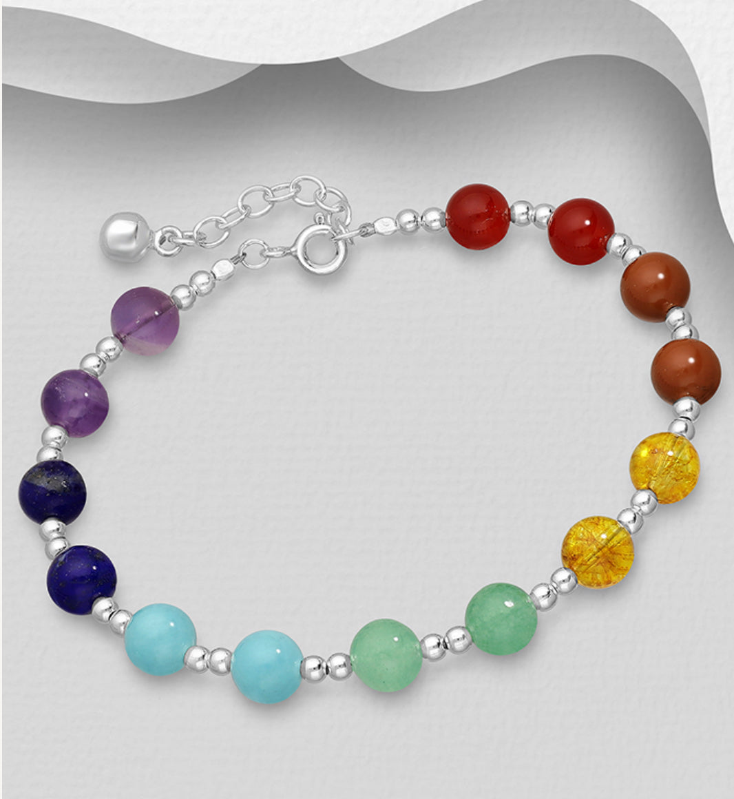 Sterling Silver Bell and Chakra Bracelet beaded with Amethyst, Carnelian, Citrine, Green Aventurine, Jasper, Lapis Lazuli and Aquamarine