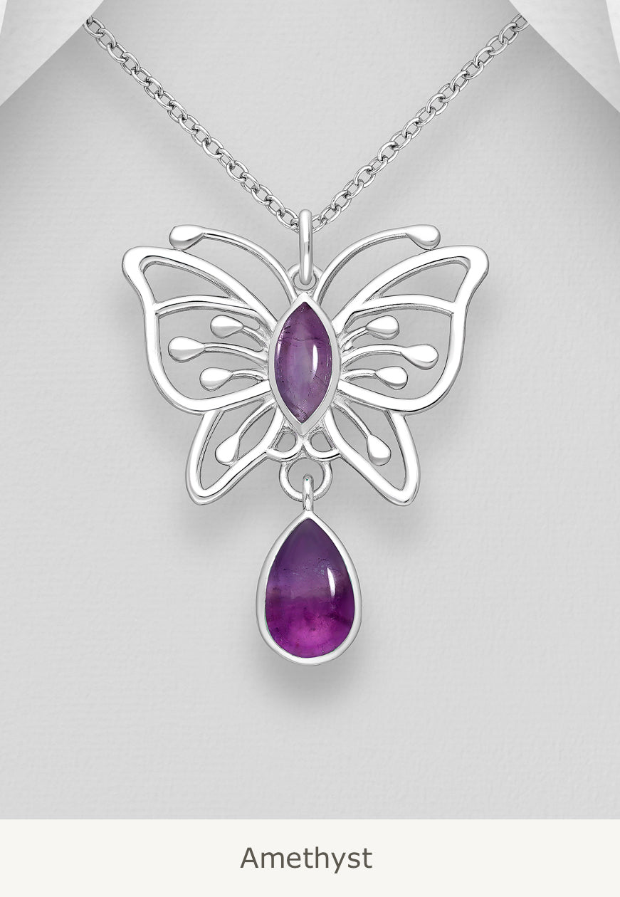 Sterling Silver Butterfly Pendant decorated with Gemstones