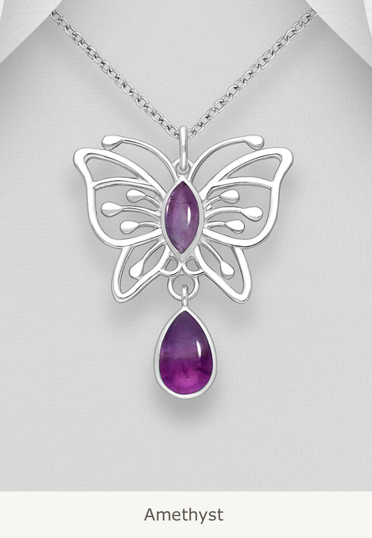 Sterling Silver Butterfly Pendant decorated with Gemstones