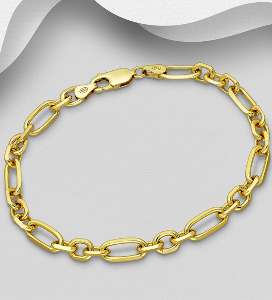 18K Yellow Gold-Plated Italian, Sterling Silver Links Bracelet. 6 mm Wide.