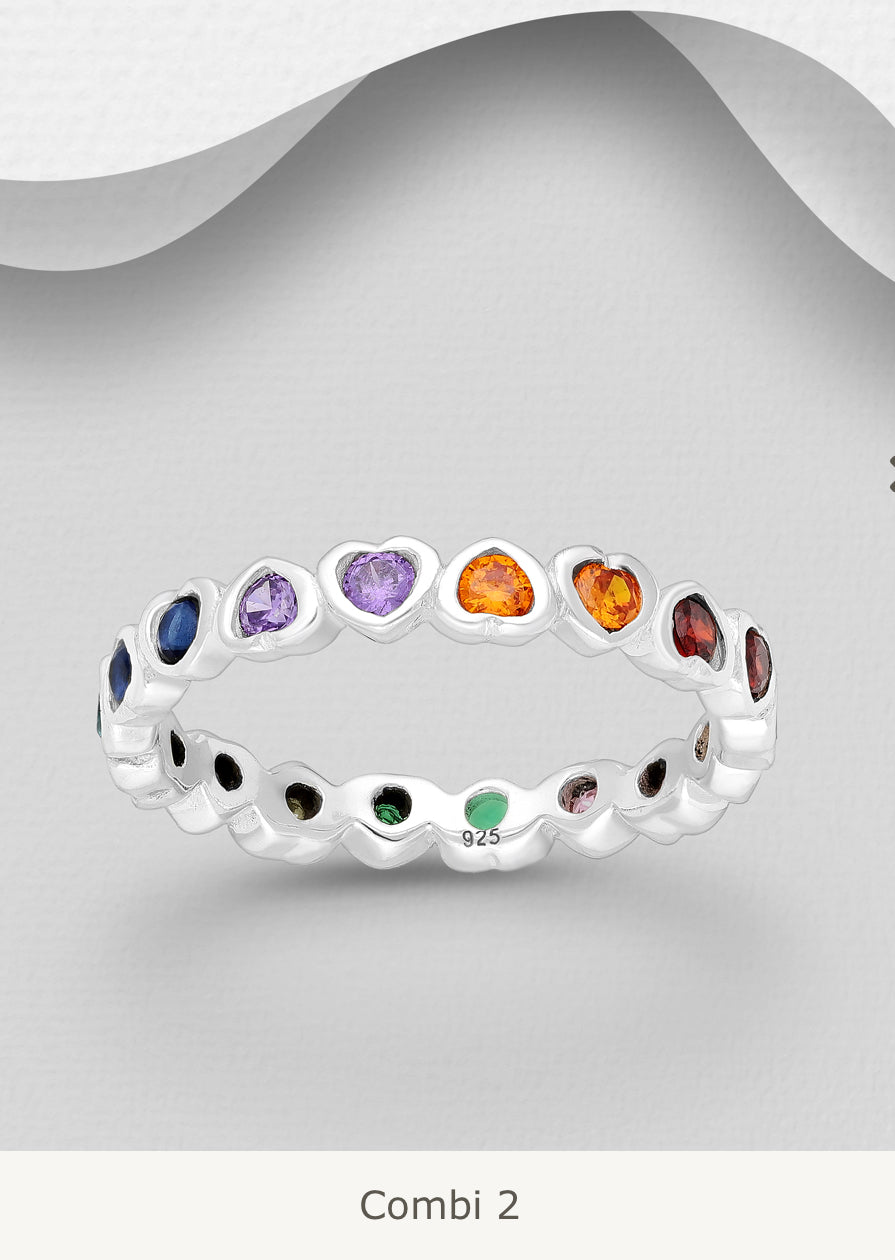 Sterling Silver Heart Band Ring, decorated with Colorful CZ Simulated Diamonds, 3 mm Wide.