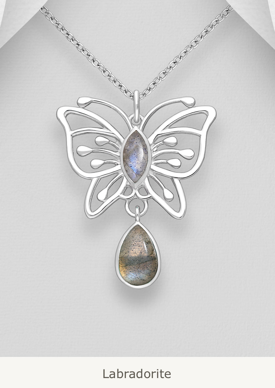 Sterling Silver Butterfly Pendant decorated with Gemstones