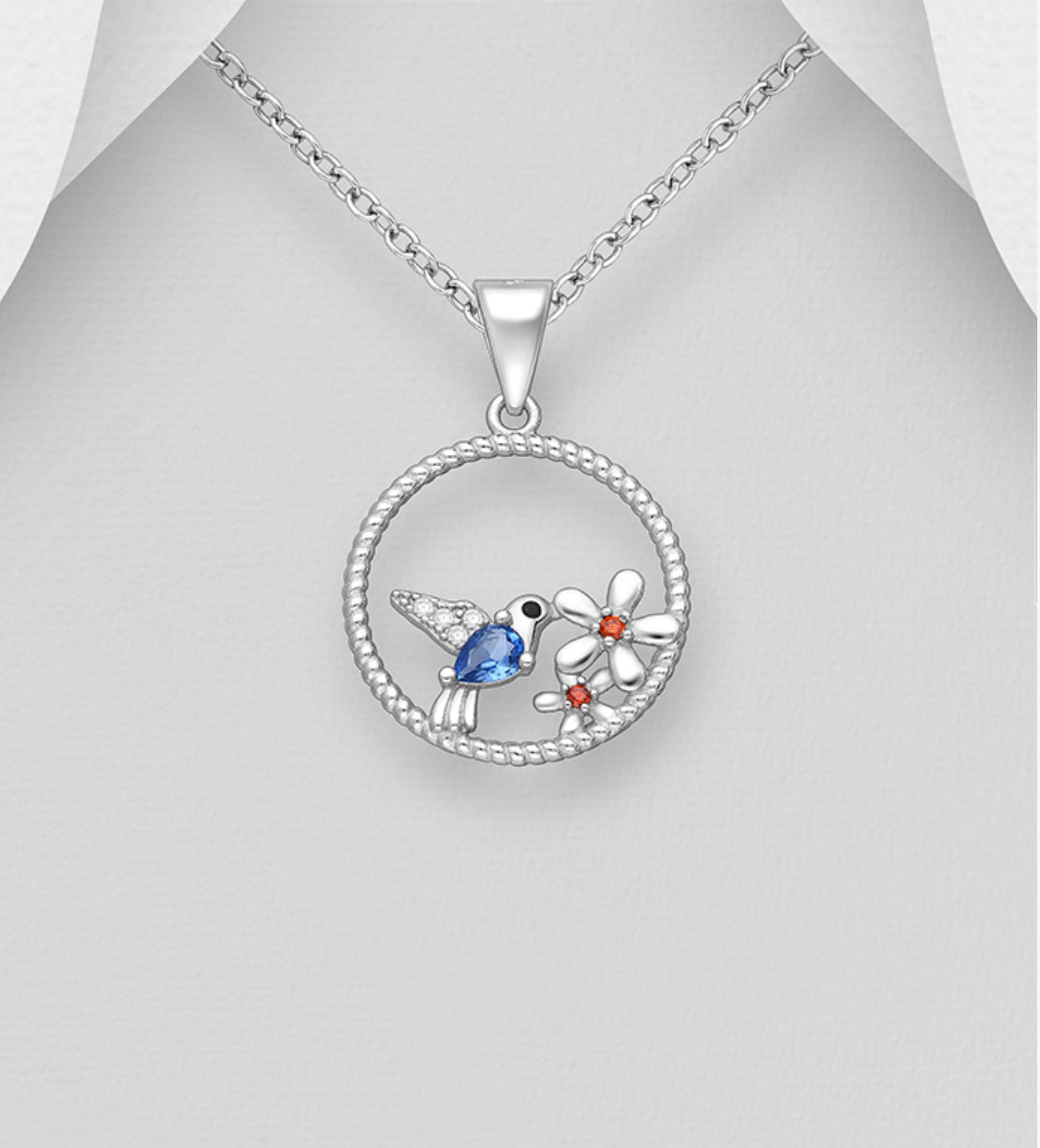 Sterling Silver Bird and Flower Pendant, Decorated with CZ Simulated Diamond