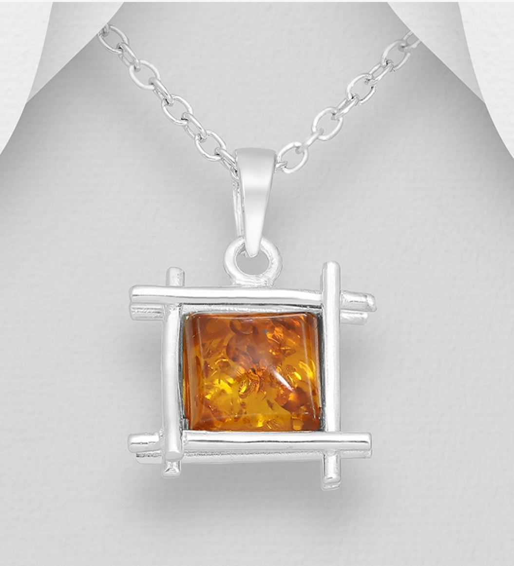 Sterling Silver Square Pendant, decorated with Baltic Amber