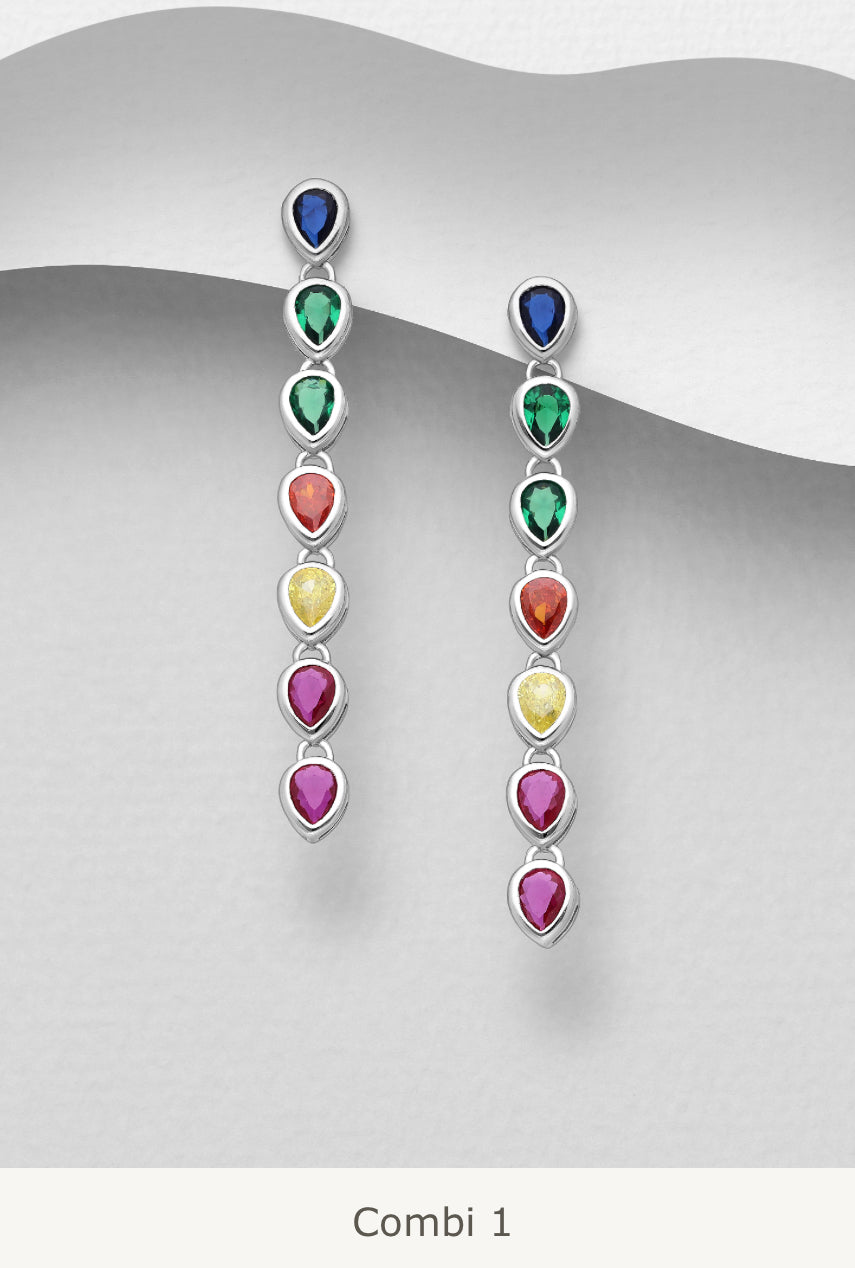 Sterling Silver Push-Back Earrings decorated with Colourful CZ Simulated Diamonds