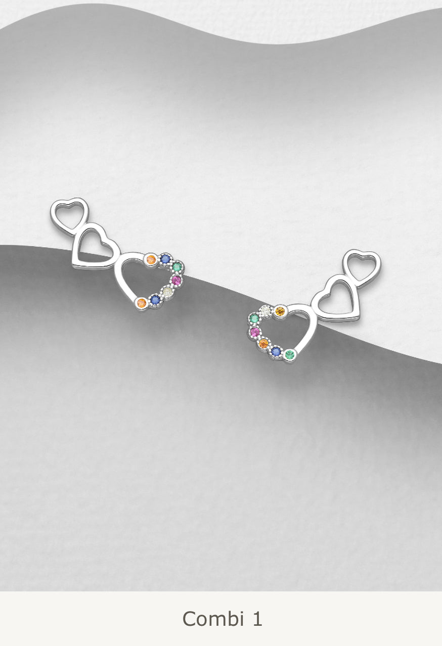 Sterling Silver Heart Push-Back Earrings, decorated with Colourful CZ Simulated Diamonds