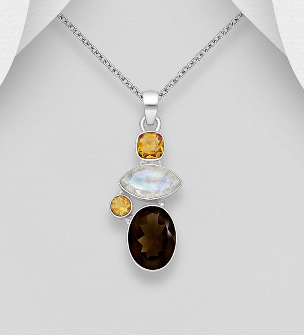 Sterling Silver Pendant, decorated with Smoky Quartz, Rainbow Moonstone and Citrine