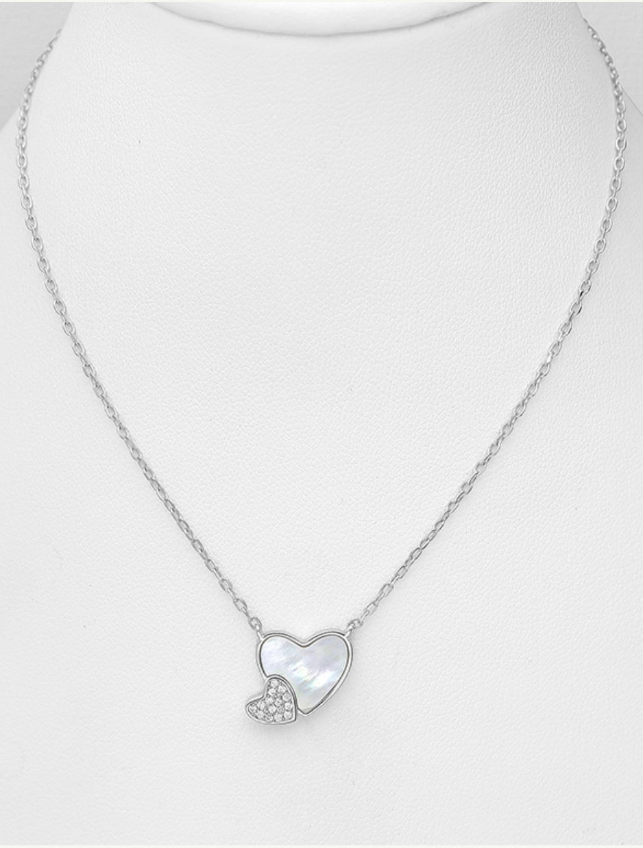 Sterling Silver Heart Necklace, Decorated with mother-of-pearl and CZ Simulated Diamonds