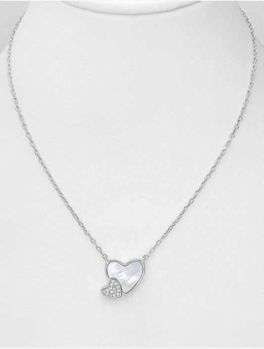 Sterling Silver Heart Necklace, Decorated with mother-of-pearl and CZ Simulated Diamonds