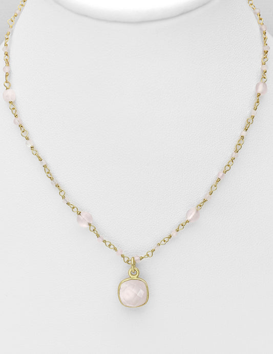 Sterling Silver Necklace, beaded with Pink Chalcedony, Rose Quartz & Plated with 9K Yellow Gold