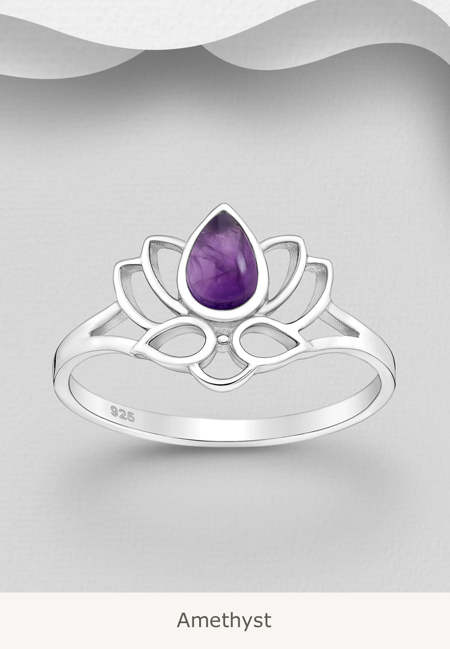 Sterling Silver Lotus Ring, decorated with Gemstones