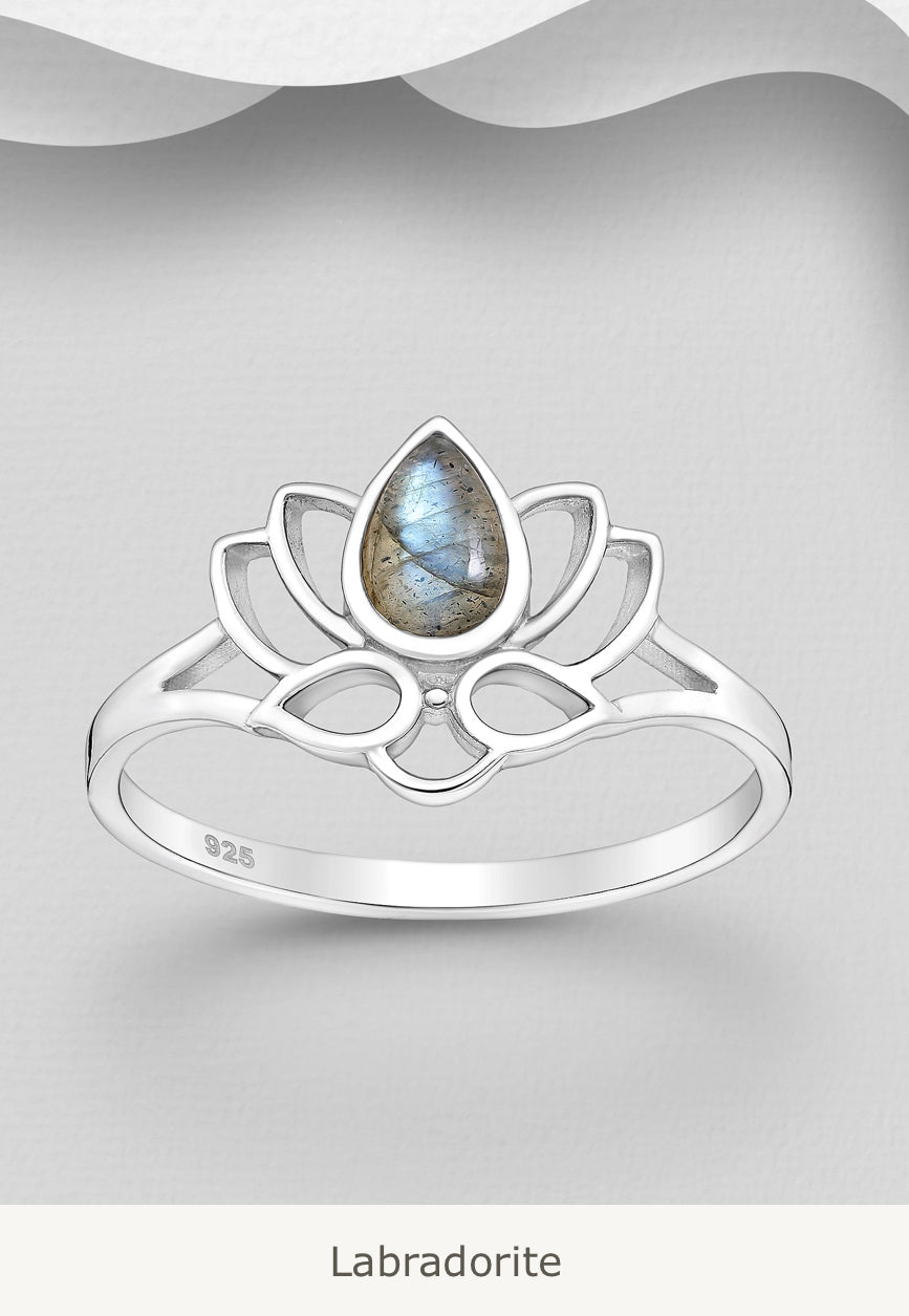 Sterling Silver Lotus Ring, decorated with Gemstones