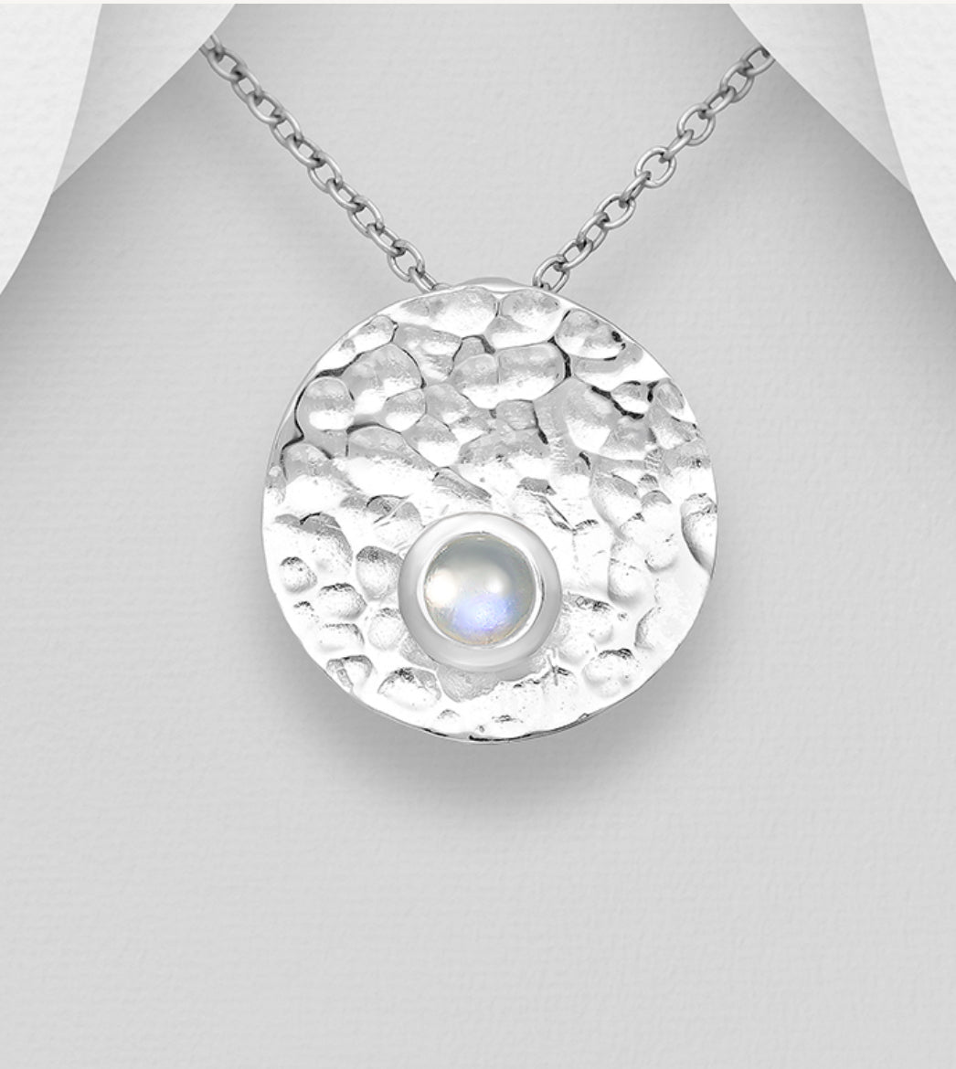 Sterling Silver Hammered Pendant, decorated with Rainbow Moonstone