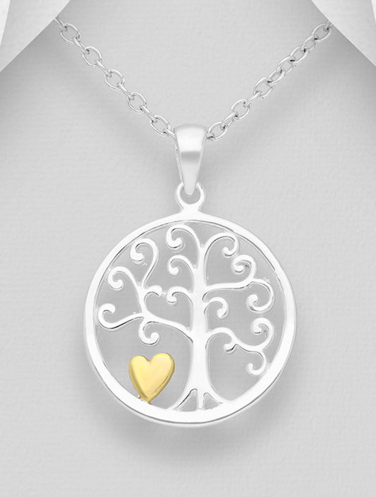 18k Gold-Plated, Sterling Silver Tree of Life, Heart Pendant