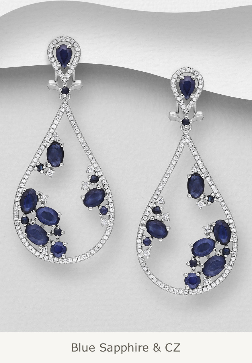 Sterling Silver Omega Lock Earrings, decorated with Gemstone and CZ Simulated Diamonds