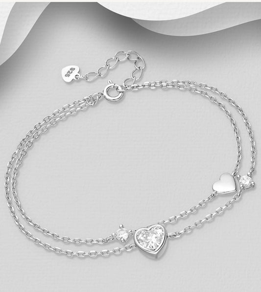 Sterling Silver Heart Layered Bracelet, decorated with CZ Simulated Diamonds