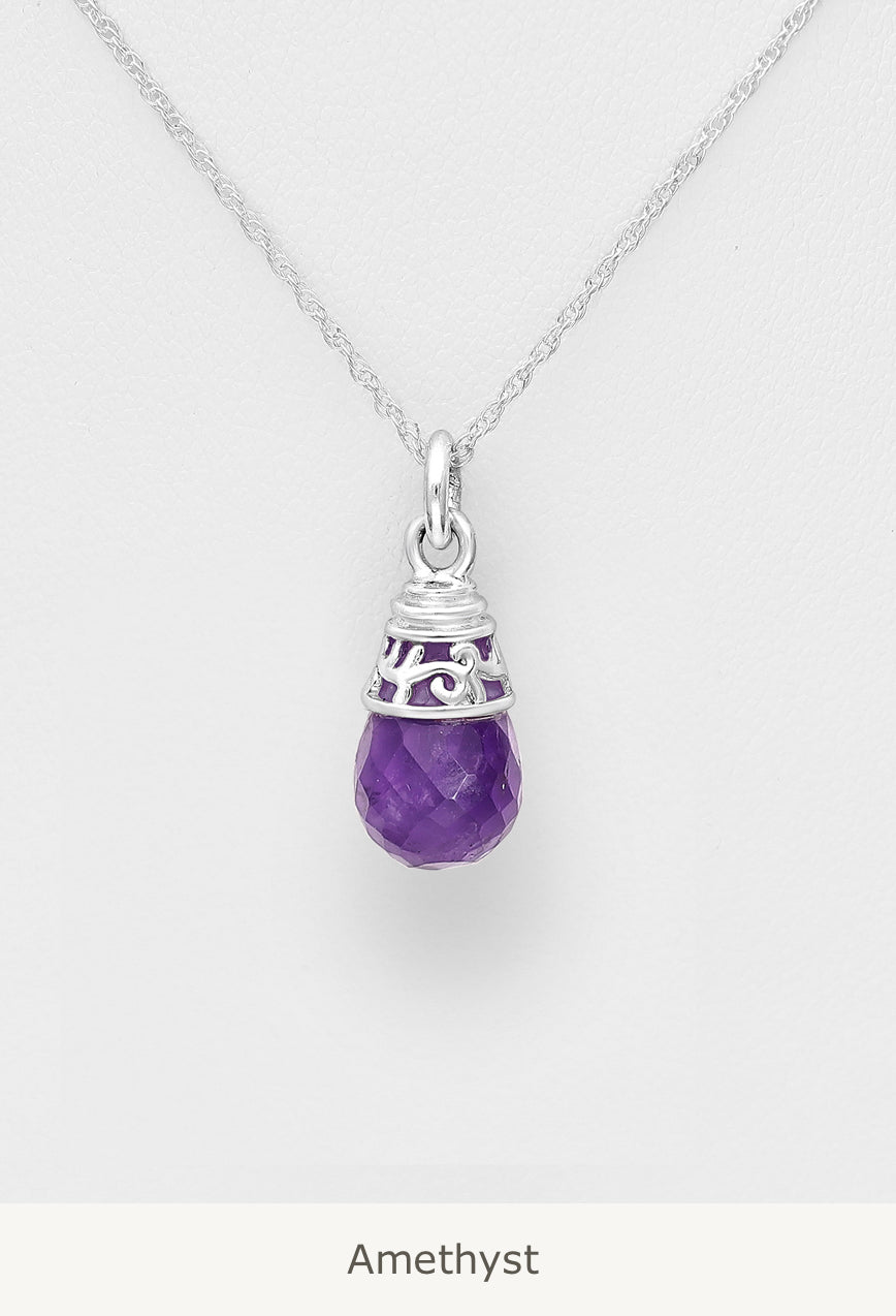 Sterling Silver Necklace, decorated with Gemstone Beads, Stone shape and size will vary.