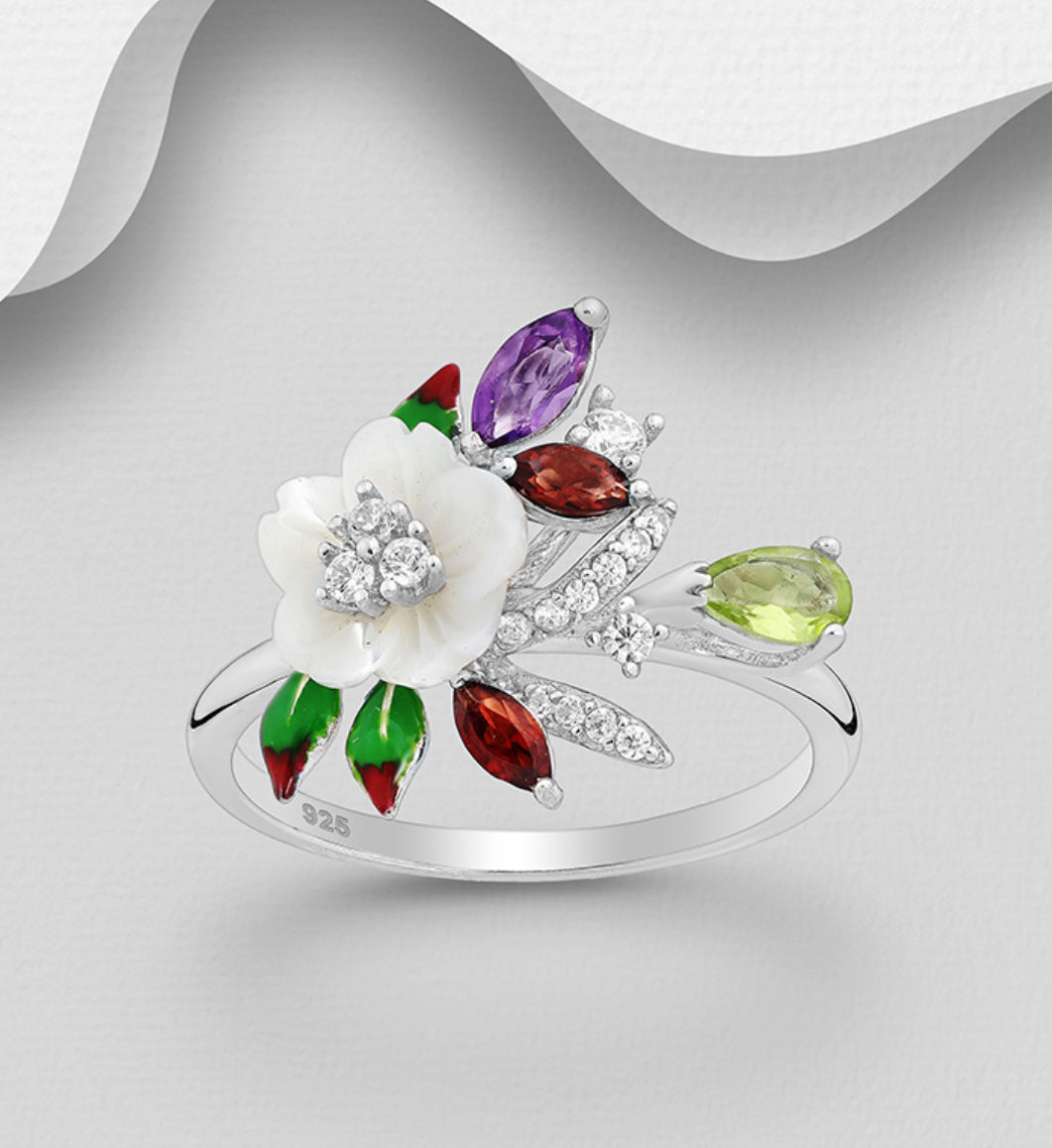 Sterling Silver Flower Ring, decorated with Shell, Garnet, Amethyst, Peridot, Colored Enamel and CZ Simulated Diamonds