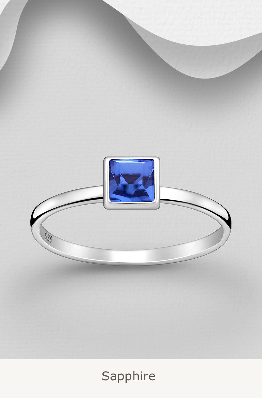 Sterling Silver Square Ring decorated with Fine Austrian Crystal