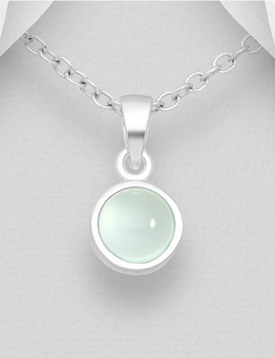 Sterling Silver Circle Pendant, decorated with Aqua Chalcedony