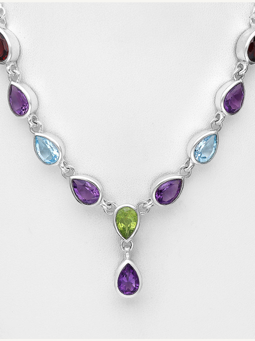 Sterling Silver Necklace, decorated with Amethyst, Garnet, Peridot, Sky Blue Topaz