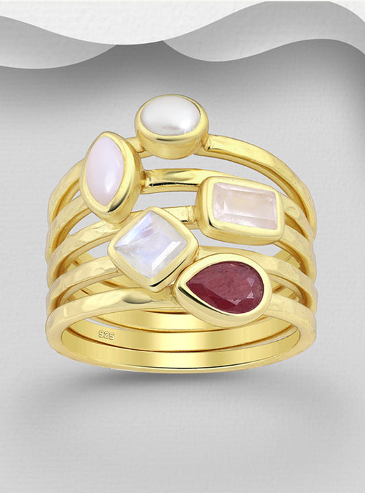 18K Yellow Gold-Plated Sterling Silver Ring, decorated with Freshwater Pearl, Pink Opal, Rainbow Moonstone, Rose Quartz and Dyed Red Sapphire