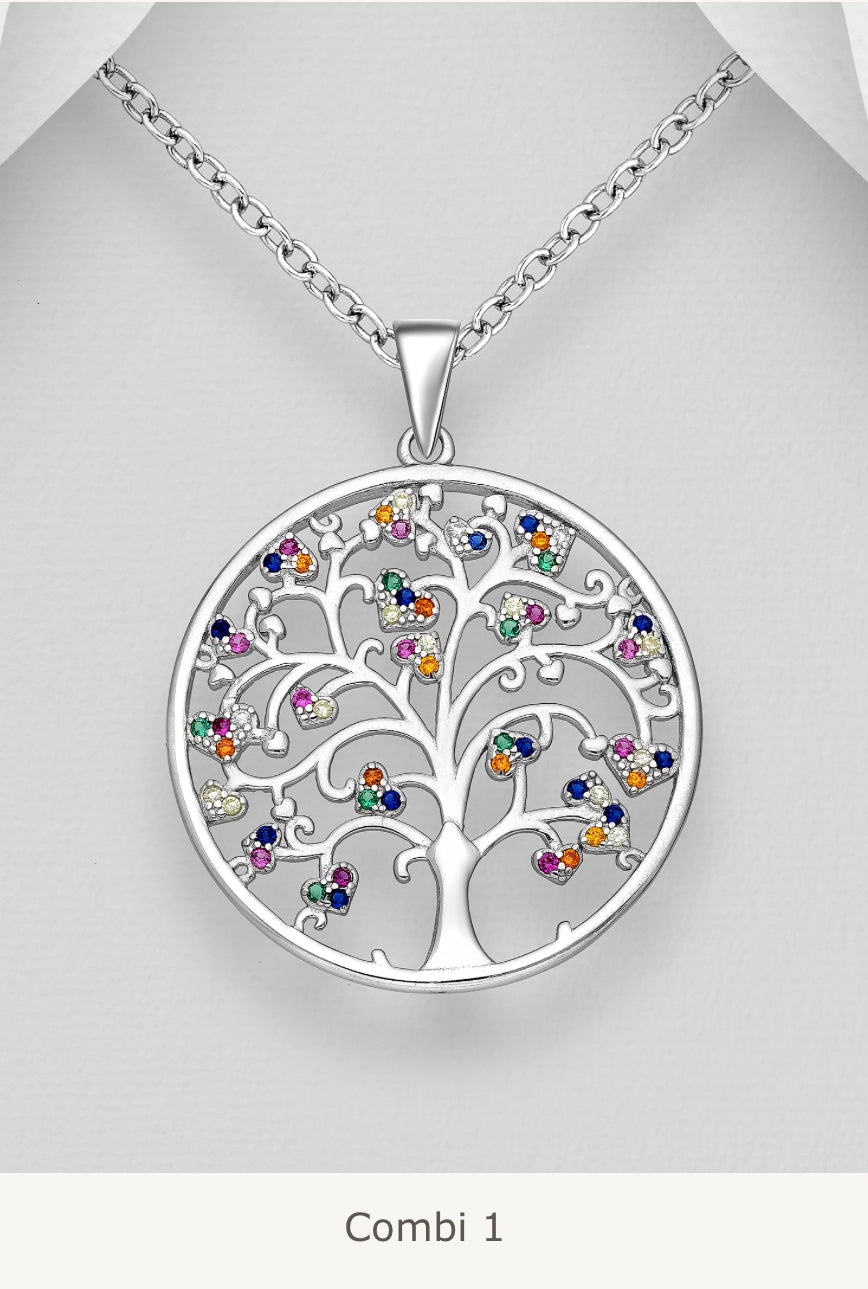 Sterling Silver Tree of Life Pendant, decorated with Colourful CZ Simulated Diamonds