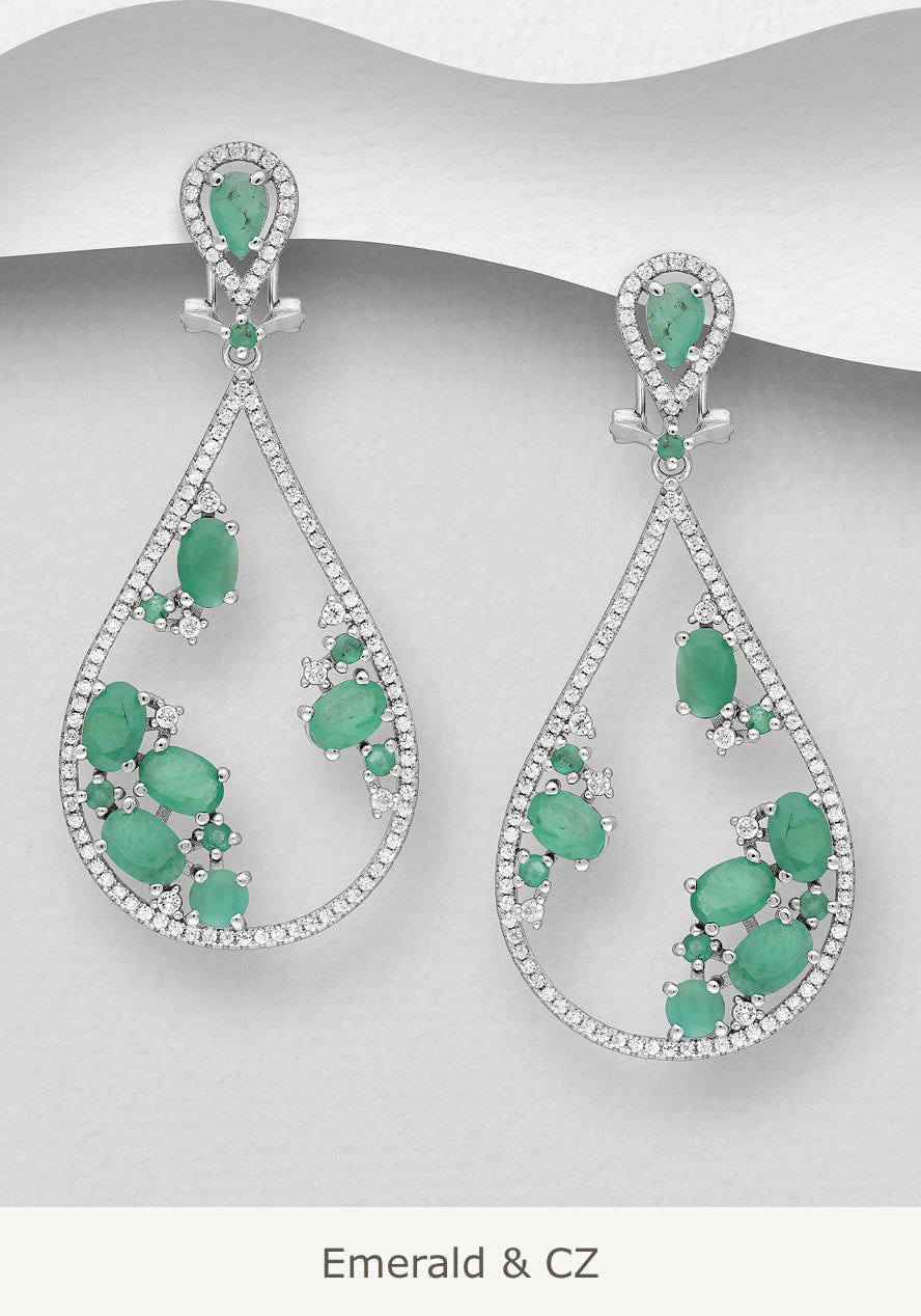 Sterling Silver Omega Lock Earrings, decorated with Gemstone and CZ Simulated Diamonds