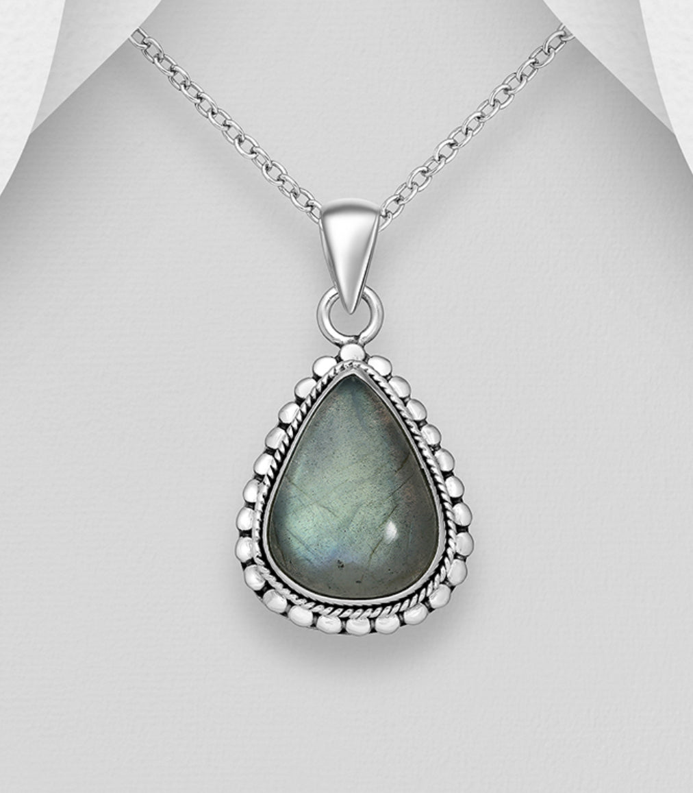 Sterling Silver Oxidized Droplet Pendant, decorated with Labradorite