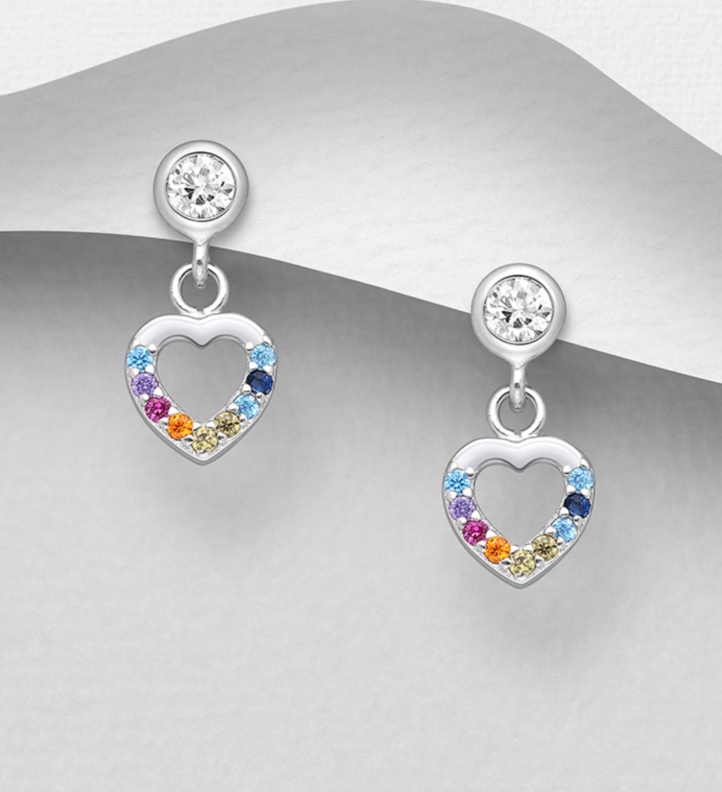 Sterling Silver Heart Push-Back Earrings, decorated with Colorful CZ Simulated Diamonds. (CZ Simulated Diamond Colours may vary)