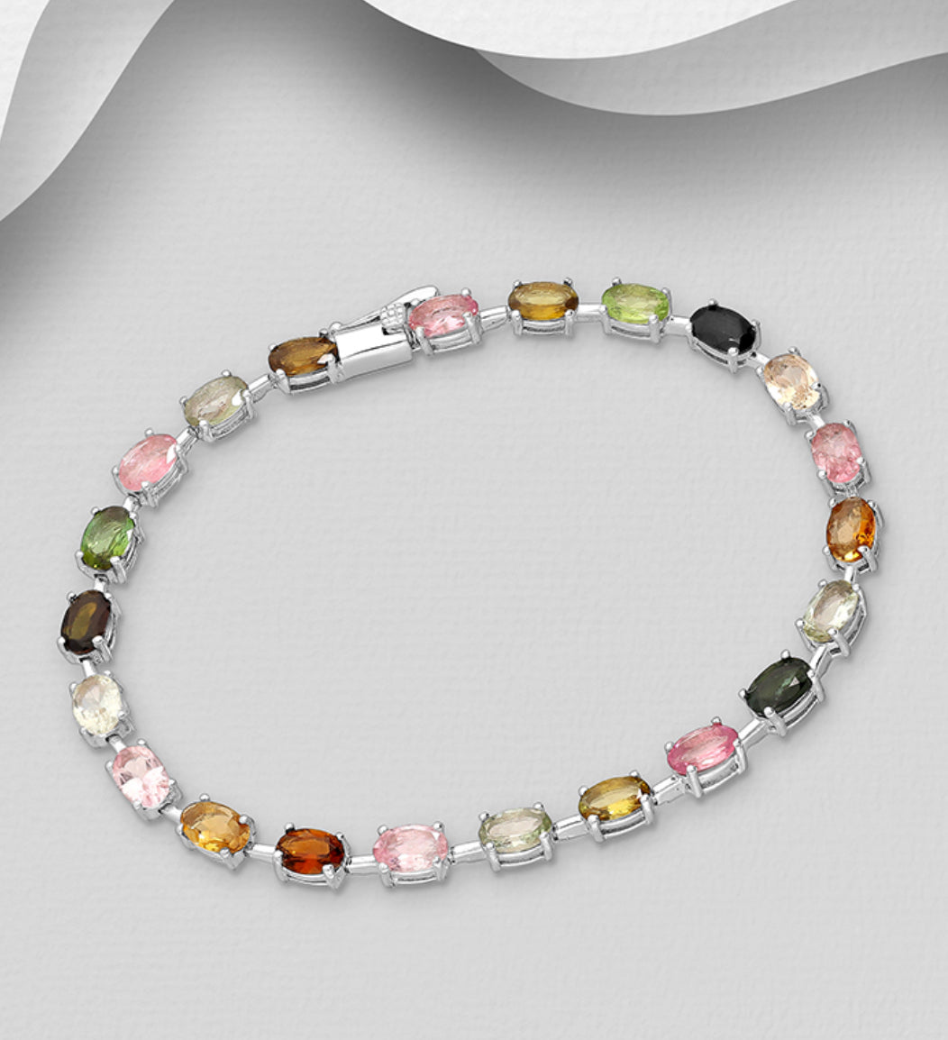 Sterling Silver Bracelet, Decorated with faceted cut Tourmaline Gemstones