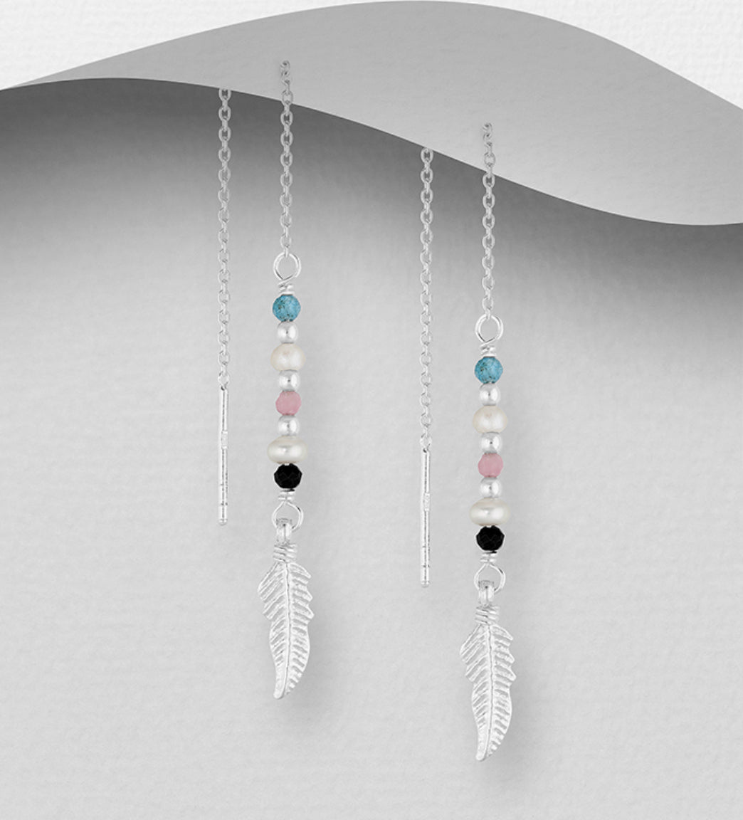 Sterling Silver Feather Threader Earrings, beaded with Blue Apatite, Freshwater Pearls, Pink Tourmaline and Black Spinel