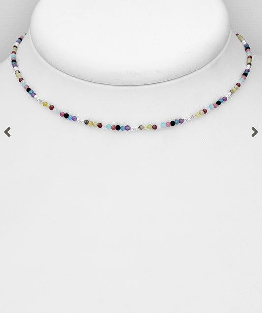 Sterling Silver Ball Choker, beaded with Amazonite, Amethyst, Black Agate, Blue Apatite, Garnet, Peridot, Pink Tourmaline and Rainbow Moonstone