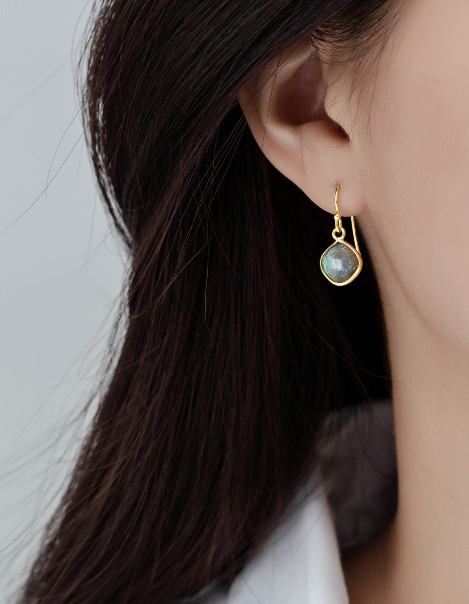 9K Yellow Gold Plated Sterling Silver Hook Earrings, Decorated with Labradorite